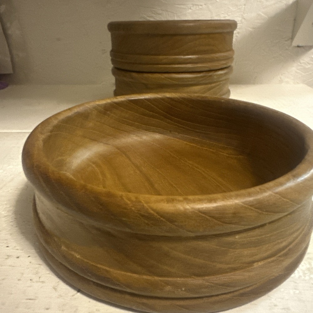 Vtg NOS 7pc Himark Teak Wood Gourmet Salad Bowl Set 1 Lg 4 Sm.Bowl & Servers - Picture 9 of 16
